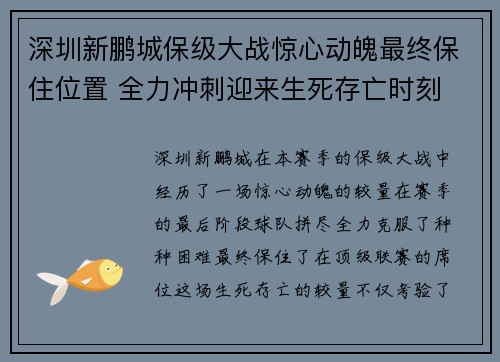 深圳新鹏城保级大战惊心动魄最终保住位置 全力冲刺迎来生死存亡时刻